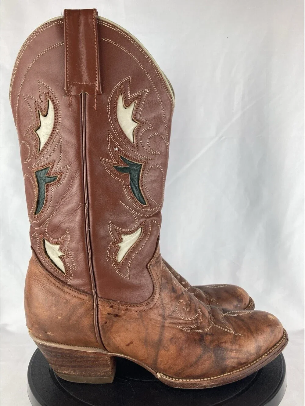 Women’s 8.5 Rancho Loco Vintage Brown Leather Cowboy Boots Inlay Stitched Mexico